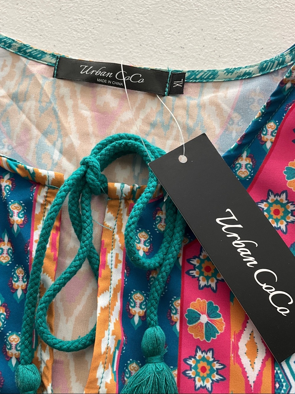 Urban CoCo Boho Tassel Tie Print Tunic - Teal, Pink, Mustard - Picture 4 of 5